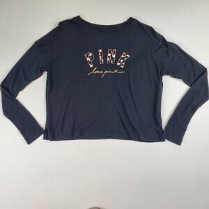 Pink Victoria's Secret Crop Tee Long Sleeve Black Floral Logo Shirt Size XS